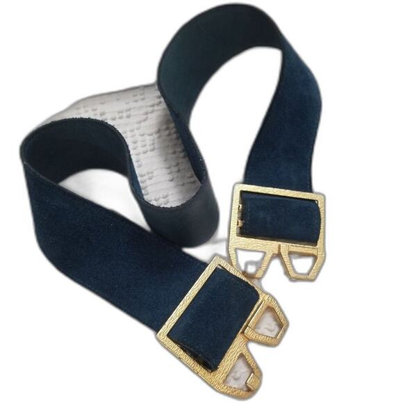 Vintage Big Gold Interlocking Cut Out Buckle Wide Blue Suede Belt Adjustable main image 4